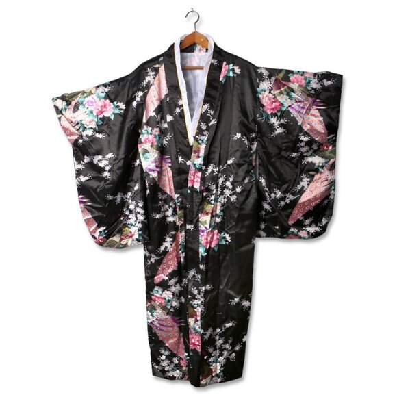 Satin Kimono Floral Japanese Style Dress Flower Peacock Belt Black Pink Blue NEW - Picture 2 of 14